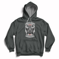 Dark heather motorcycle graphic hoodie with front pocket and adjustable drawstring hood