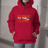 Red fan hoodie with drawstring hood and 'HUBBARD TO THE HOUSE' front graphic