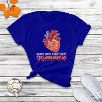 Brave With Every Beat CHD Heart Disease Red And Blue Ribbon T Shirt - Wonder Print Shop