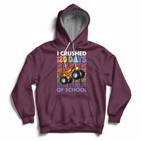 Kids maroon hoodie with front graphic truck and “I crushed 120 days of school” text