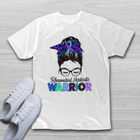 Rheumatoid Arthritis Warrior Messy Bun Blue Purple Ribbon, Awareness T Shirt - Wonder Print Shop