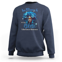 Navy crewneck sweatshirt with blue colon cancer ribbon portrait graphic on front