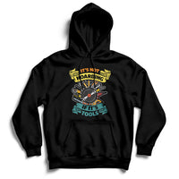 Black hoodie sweatshirt with front hood, kangaroo pocket, and tool graphic print