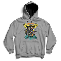 Gray hoodie sweatshirt with front hood, kangaroo pocket, and tool graphic print