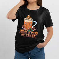 Black T-shirt with large mug graphic and 'Have a Cup of Cheer' holiday lettering