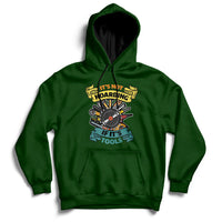 Forest green hoodie sweatshirt with front hood, kangaroo pocket, and tool graphic print