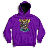 Purple hoodie sweatshirt with front hood, kangaroo pocket, and tool graphic print