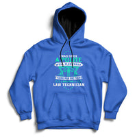 Blue pullover hoodie with front pocket, hood, and colorful law-themed graphic logo.
