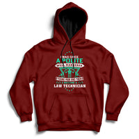 Maroon pullover hoodie with front pocket, hood, and colorful law-themed graphic logo.