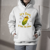 White corn graphic hoodie with hood, kangaroo pocket, and 'It's Corn' slogan