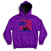 Purple hoodie with US-flag themed graphic and text: “CAN’T WORK TODAY” and “MY ARM IS IN A CAST”.