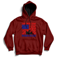 Red hoodie with US-flag themed graphic and text: “CAN’T WORK TODAY” and “MY ARM IS IN A CAST”.