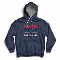 Navy hoodie with front pocket, drawstring, and 'KATIE PORTER FOR SENATE' graphic