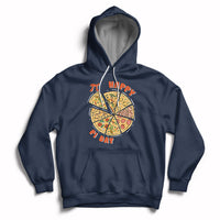 Navy hoodie with hood drawstrings, kangaroo pocket, and Happy Pi Day pizza graphic