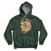 Forest green hoodie with hood drawstrings, kangaroo pocket, and Happy Pi Day pizza graphic