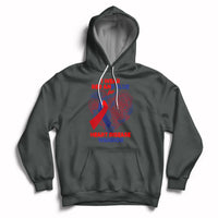 Charcoal pullover hoodie with hood and kangaroo pocket; red/blue heart warrior graphic