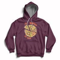 Maroon hoodie with hood drawstrings, kangaroo pocket, and Happy Pi Day pizza graphic