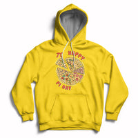 Daisy yellow hoodie with hood drawstrings, kangaroo pocket, and Happy Pi Day pizza graphic