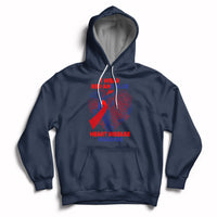 Navy pullover hoodie with hood and kangaroo pocket; red/blue heart warrior graphic
