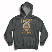 Native hoodie in dark gray with front emblem graphic and large statement text