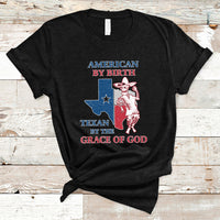 Black Texan graphic T-shirt with cowboy and Texas flag print, crew neck.