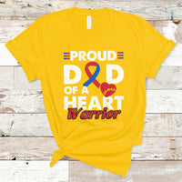 Mustard yellow short-sleeve T-shirt with Proud heart warrior graphic and blue ribbon heart