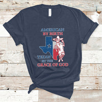 Navy Texan graphic T-shirt with cowboy and Texas flag print, crew neck.