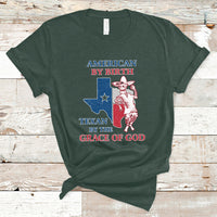 Forest green Texan graphic T-shirt with cowboy and Texas flag print, crew neck.