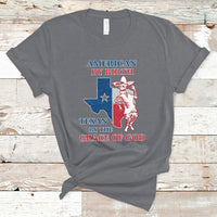 Charcoal gray Texan graphic T-shirt with cowboy and Texas flag print, crew neck.