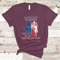 Maroon Texan graphic T-shirt with cowboy and Texas flag print, crew neck.