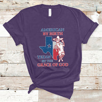 Maroon Texan graphic T-shirt with cowboy and Texas flag print, crew neck.