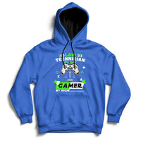 Royal blue hoodie sweatshirt with colorful gaming graphic and kangaroo pocket, full sleeves