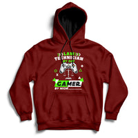 Maroon hoodie sweatshirt with colorful gaming graphic and kangaroo pocket, full sleeves