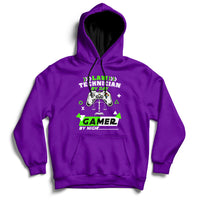 Purple hoodie sweatshirt with colorful gaming graphic and kangaroo pocket, full sleeves