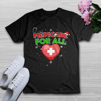 Black crewneck T-shirt with 'Medicare for All' red heart and white plus graphic