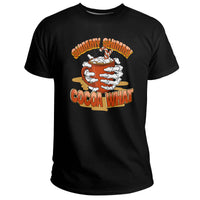 Black crew-neck T-shirt with 'Cocoa What' holiday drink graphic