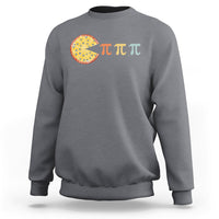 Heather gray sweatshirt with colorful pie graphic and three pi symbol text across the chest