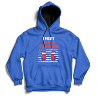 Royal blue pullover hoodie with 'I FIGHT HUMAN TRAFFICKING' chest graphic and kangaroo pocket