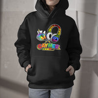 Black youth hoodie with rainbow headphones graphic, front pocket, drawstring hood