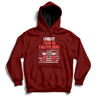 Maroon pullover hoodie with 'I FIGHT HUMAN TRAFFICKING' chest graphic and kangaroo pocket