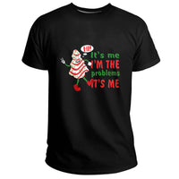 Black crew-neck T-shirt with cartoon Christmas tree and humorous quote graphic