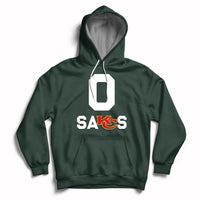 Forest green pullover hoodie with front “SAKS” graphic and hood with drawstring.