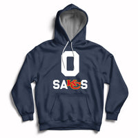 Navy pullover hoodie with front “SAKS” graphic and hood with drawstring.