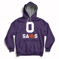 Purple pullover hoodie with front “SAKS” graphic and hood with drawstring.