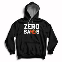 Black pullover hoodie with front graphic, kangaroo pocket, and hood drawstrings.