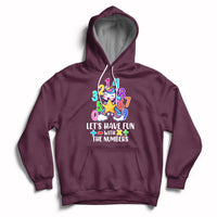Maroon kids unicorn math number hoodie with "Let's have fun with the numbers" graphic