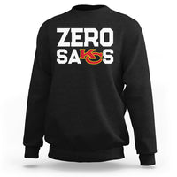 Black crewneck sweatshirt with “ZERO SACKS” graphic on the front