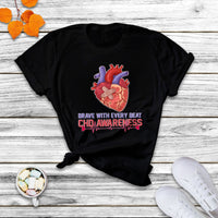 Brave With Every Beat CHD Heart Disease Red And Blue Ribbon T Shirt - Wonder Print Shop