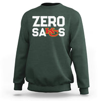 Forest green crewneck sweatshirt with “ZERO SACKS” graphic on the front