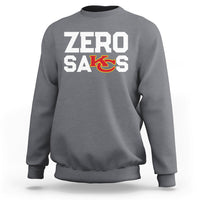 Charcoal gray crewneck sweatshirt with “ZERO SACKS” graphic on the front
